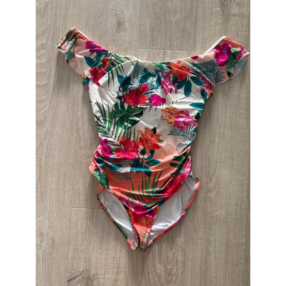 La Blanca One Piece Swimsuit Womens 16 Multicolor Tropical Floral Ruffle Lace Up